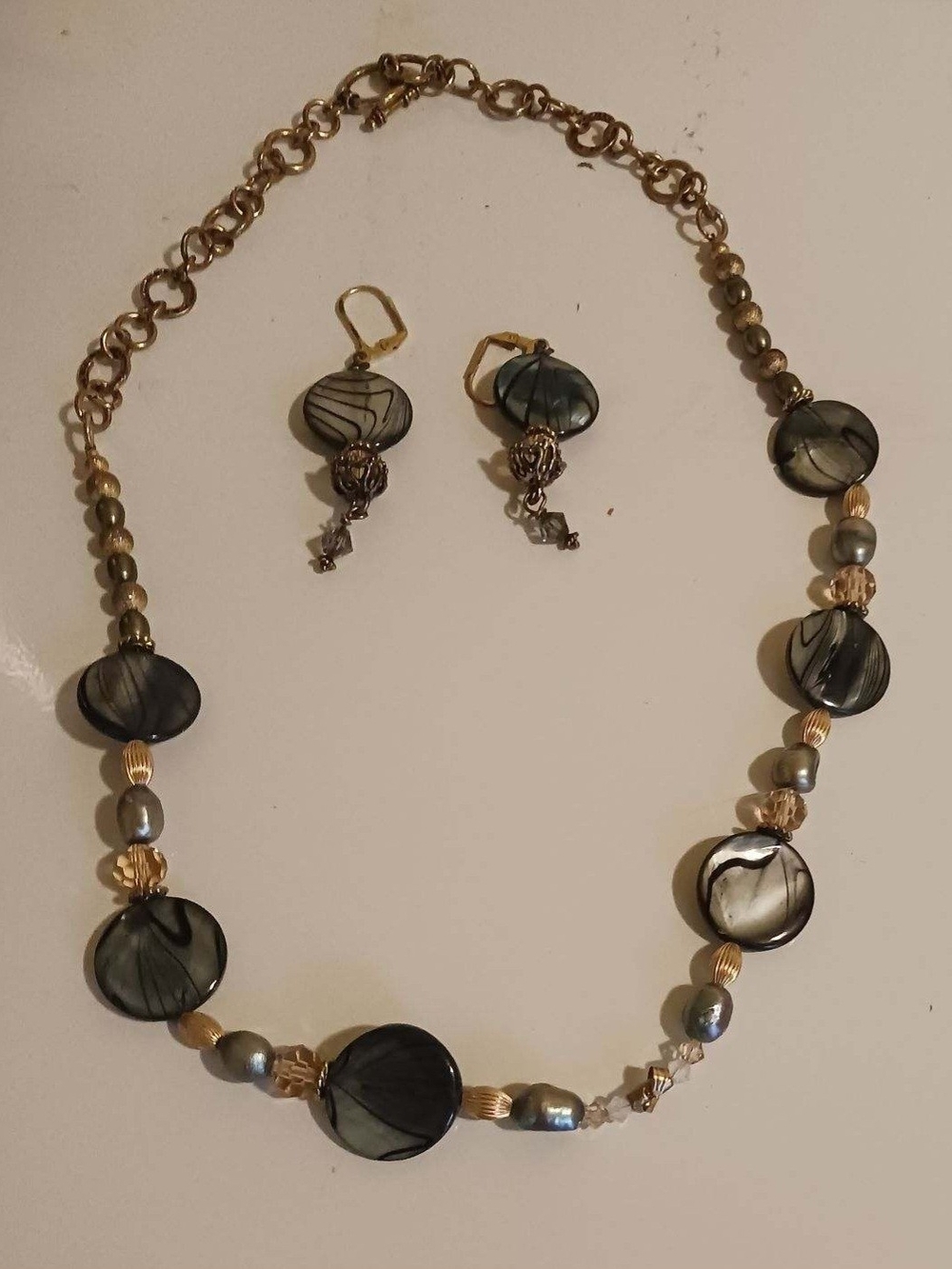 Gold and Black Beaded Statement Necklace with Matching Earrings